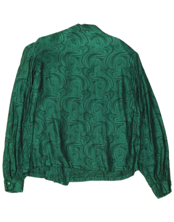 Blusa feminina vintage de manga comprida Reino Unido 16 grande verde paisley retrô