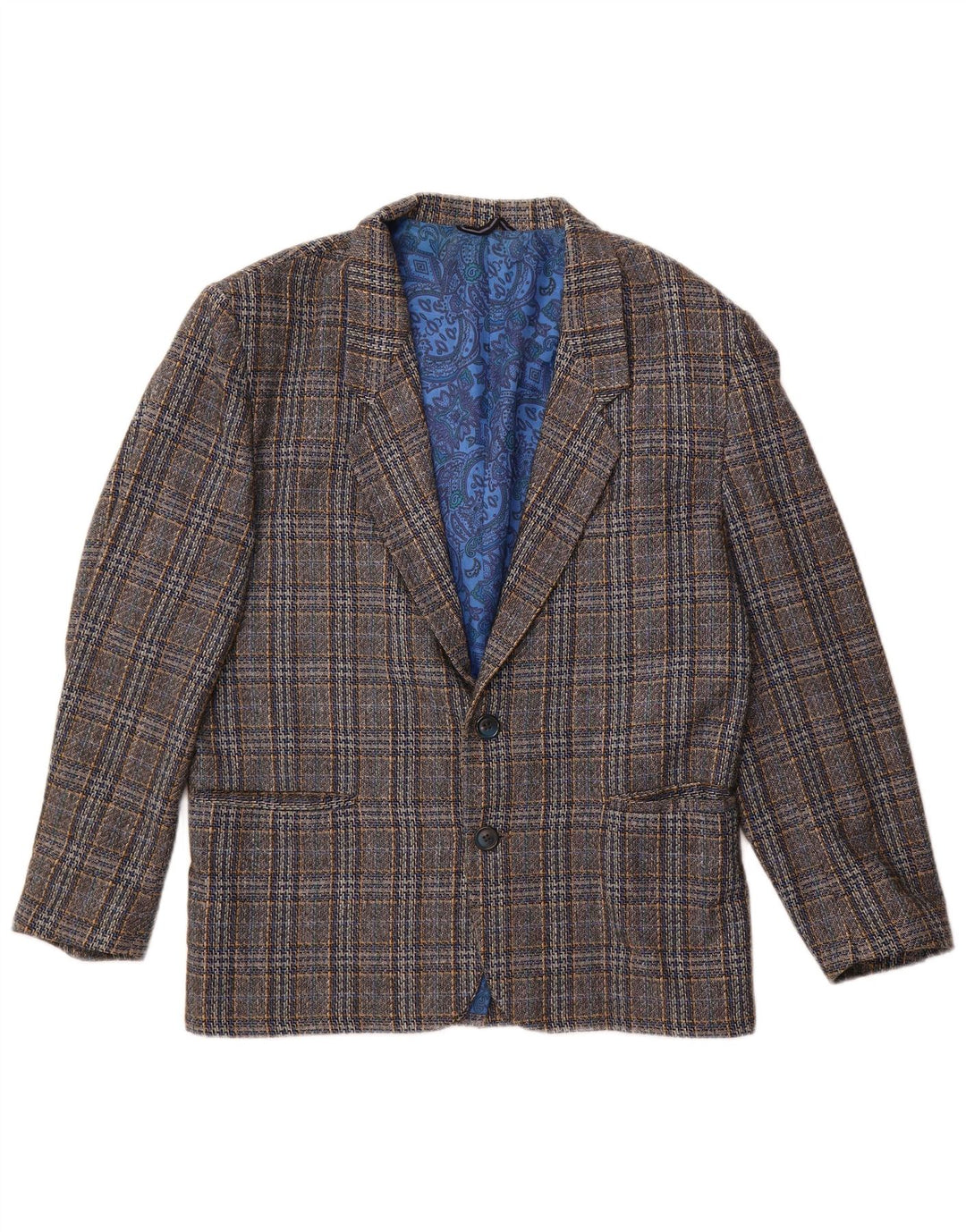 Jaqueta blazer masculina vintage com 2 botões Reino Unido 38 lã xadrez cinza médio