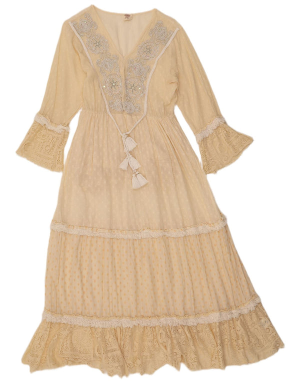 Vestido maxi feminino vintage de manga comprida Reino Unido 12 algodão paisley amarelo médio