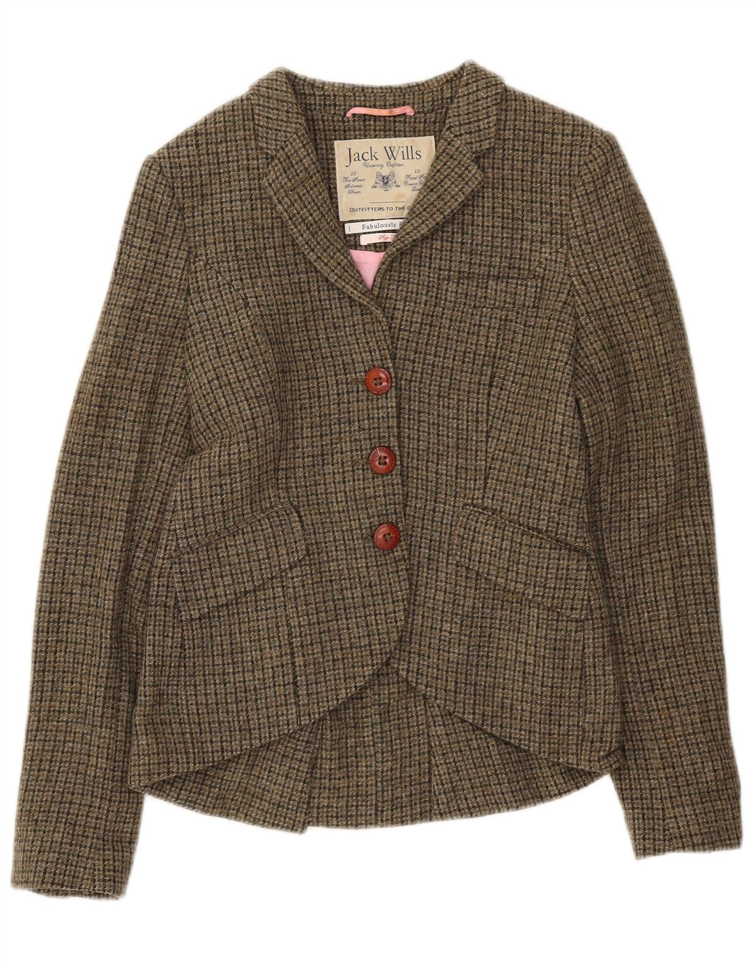 Jaqueta blazer feminina de 3 botões Jack Wills Reino Unido 10 pequena lã cáqui houndstooth