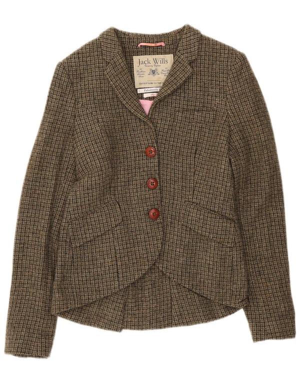 Jaqueta blazer feminina de 3 botões Jack Wills Reino Unido 10 pequena lã cáqui houndstooth
