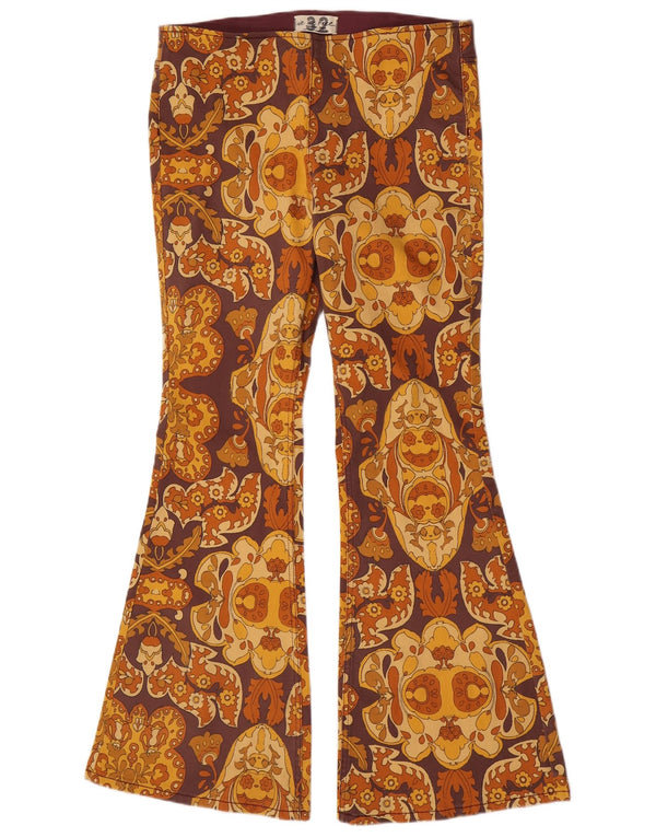 Calça feminina vintage flare casual UK 18 XL W36 L33 marrom geométrico
