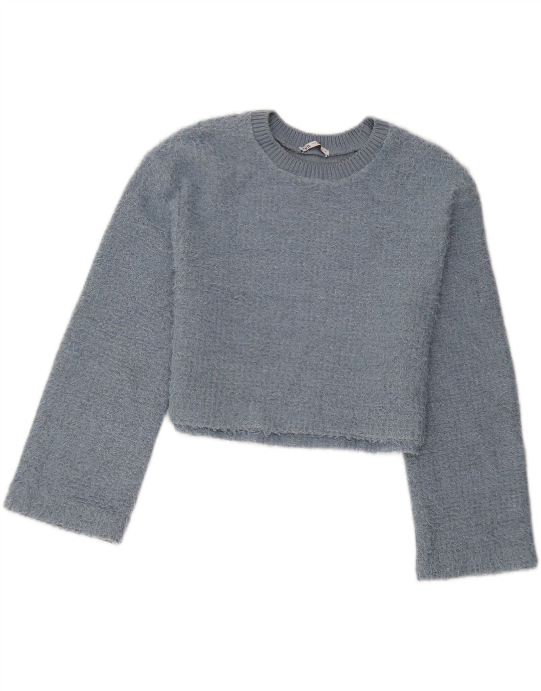 Zara Suéter feminino cropped com gola redonda Reino Unido 14 poliéster azul médio