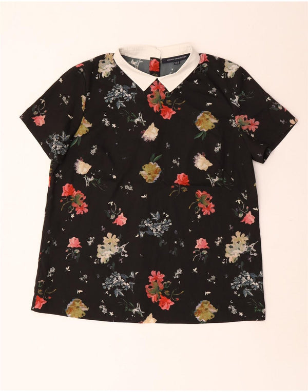 Blusa feminina de manga curta French Connection Reino Unido 14 grande preta floral