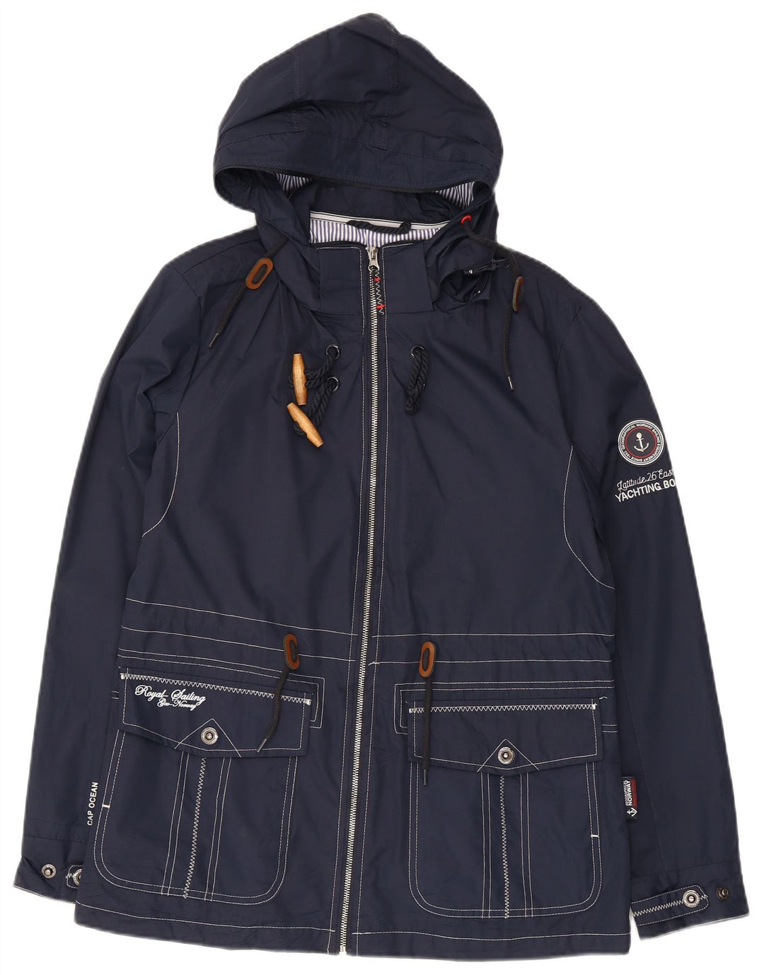 Jaqueta de chuva feminina vintage com capuz gráfico UK 12 poliéster azul marinho médio