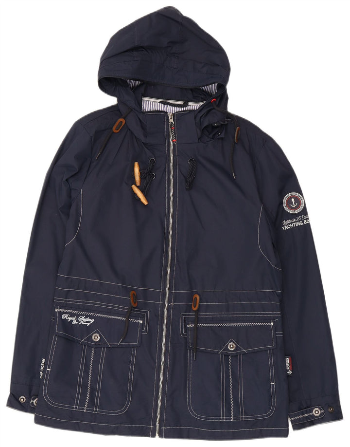 Jaqueta de chuva feminina vintage com capuz gráfico UK 12 poliéster azul marinho médio
