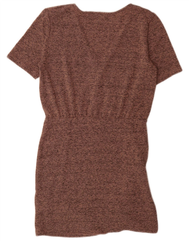 Vestido bainha feminino Zara Reino Unido 12 poliéster manchado marrom médio