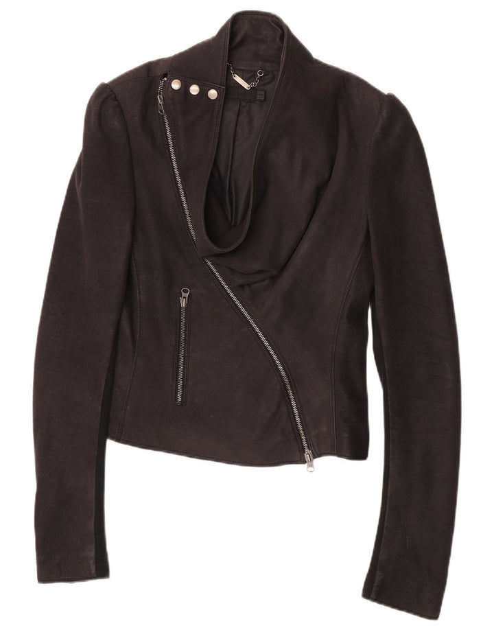 Jaqueta All Saints feminina de couro Racer UK 12 couro preto médio