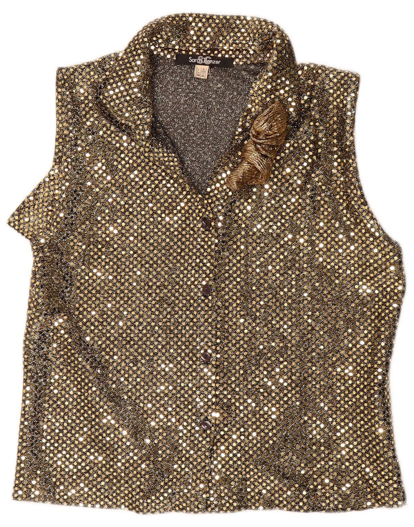 Blusa feminina Sara Glenzer sem mangas com lantejoulas Reino Unido 12 médio dourado nylon