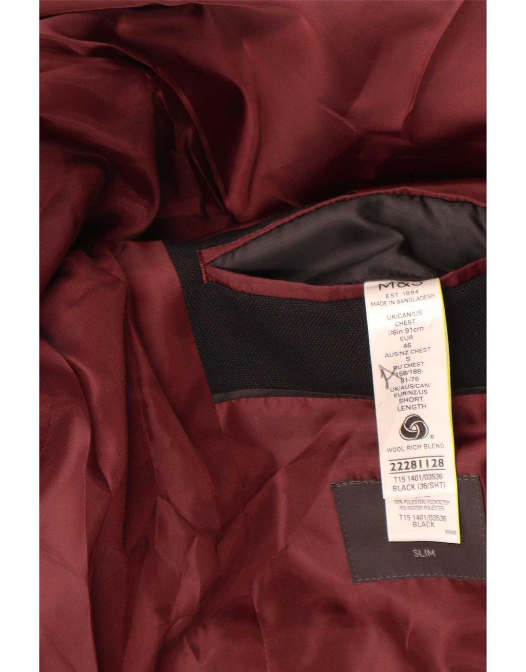 Jaqueta Blazer Masculina Marks & Spencer 2 Botões Slim Reino Unido 36 Pequena Lã Preta