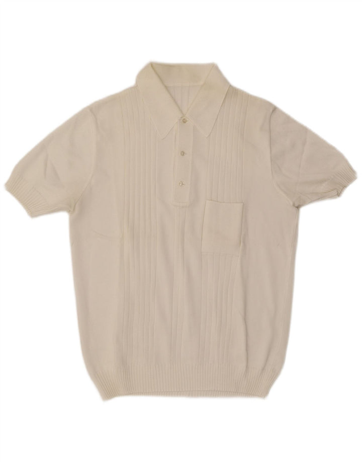Suéter masculino vintage de manga curta com gola polo e branco médio