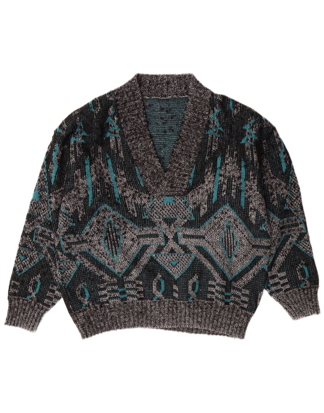 Suéter masculino VINTAGE com decote em V grande cinza geométrico