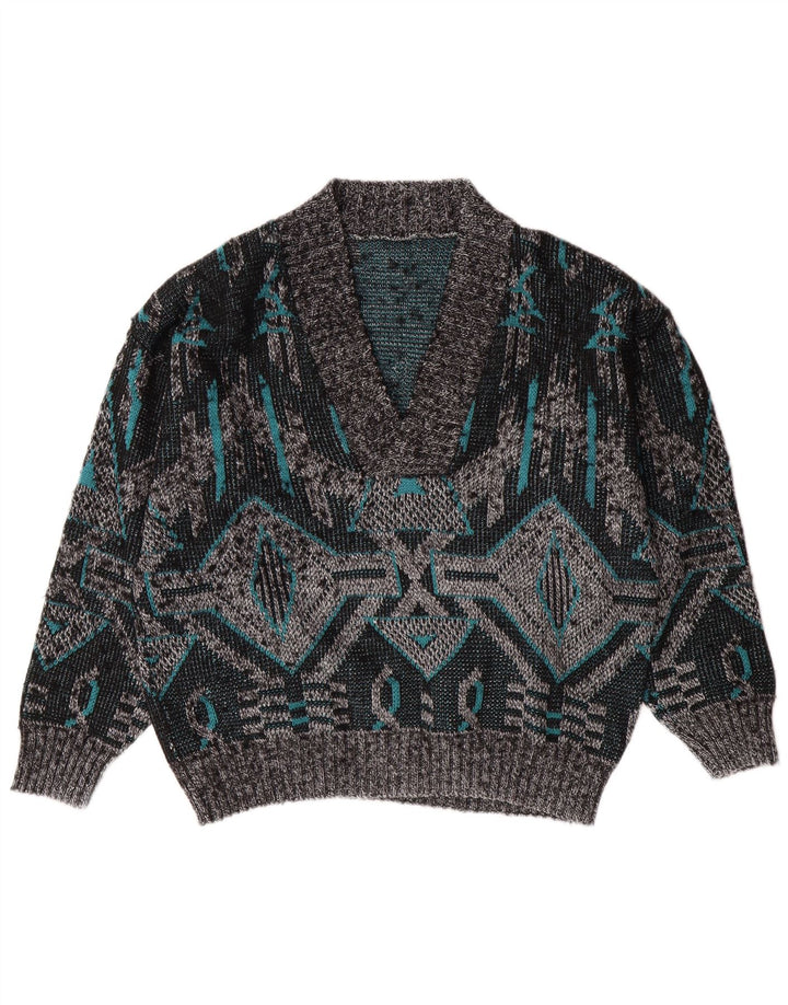 Suéter masculino VINTAGE com decote em V grande cinza geométrico