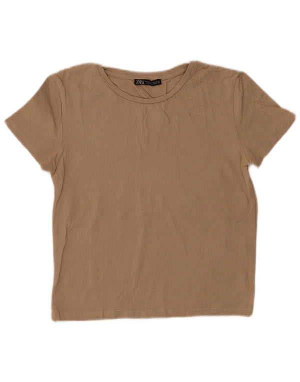 Zara Womens Crop T-Shirt Top UK 8 Pequeno Algodão Bege