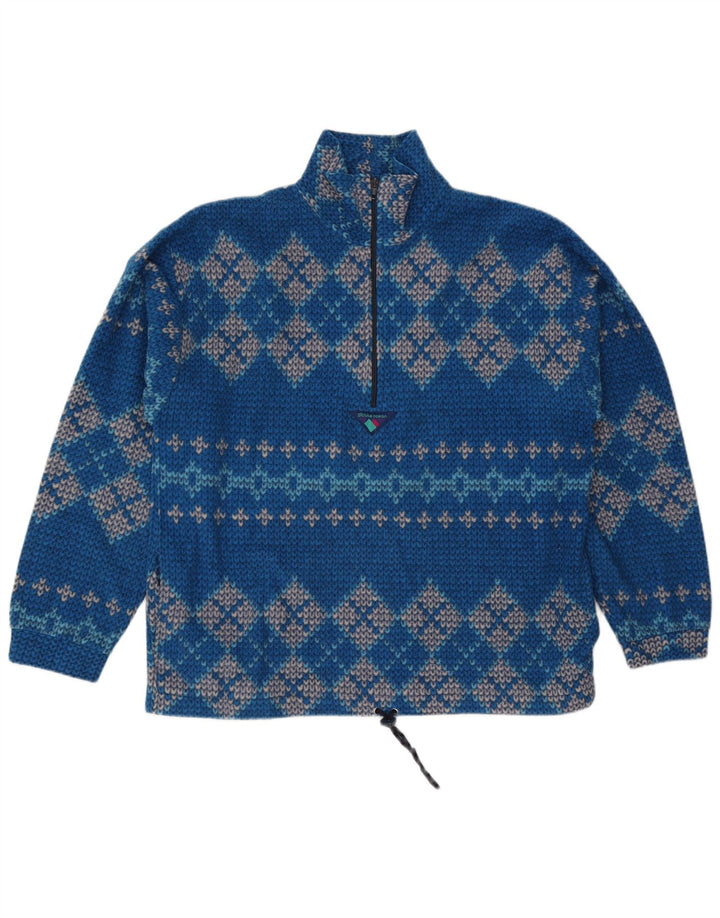 Suéter masculino vintage com decote em zíper grande azul geométrico