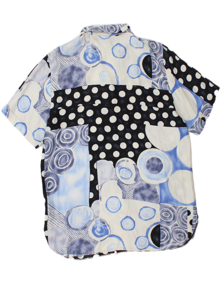 Blusa feminina vintage de manga curta UK 14 grande azul patchwork viscose