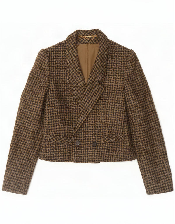 Jaqueta blazer feminina vintage com peito duplo UK 14 Houndstooth marrom médio