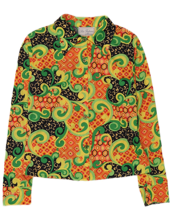 Blusa feminina vintage UK 16 grande viscose geométrica multicolorida