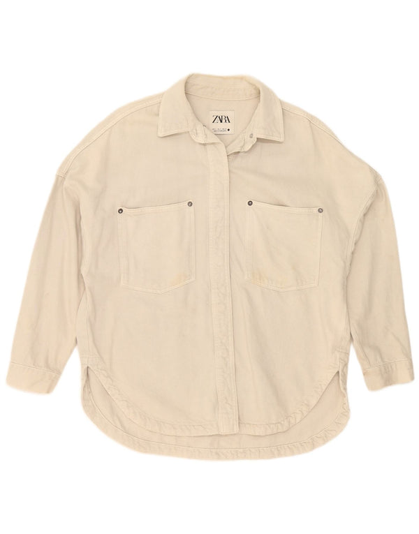 Camisa jeans oversized feminina Zara Reino Unido 10 algodão bege pequeno