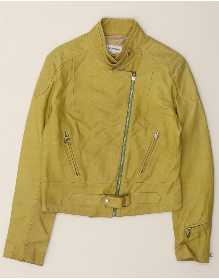 Jaqueta feminina vintage de couro para motociclista UK 14 grande amarela