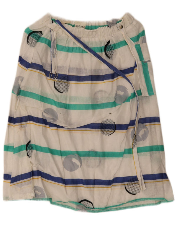 Saia midi feminina vintage Reino Unido 14 médio W28 algodão listrado branco