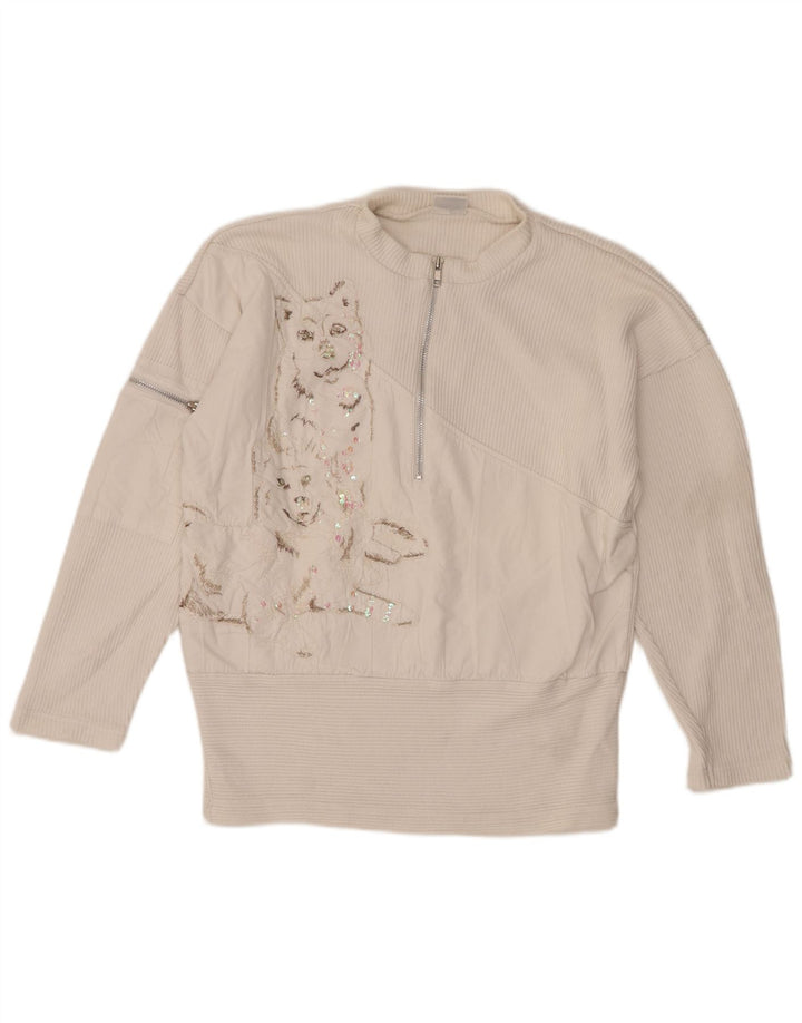 Suéter feminino Together com gola e zíper gráfico Reino Unido 10/12 médio branco