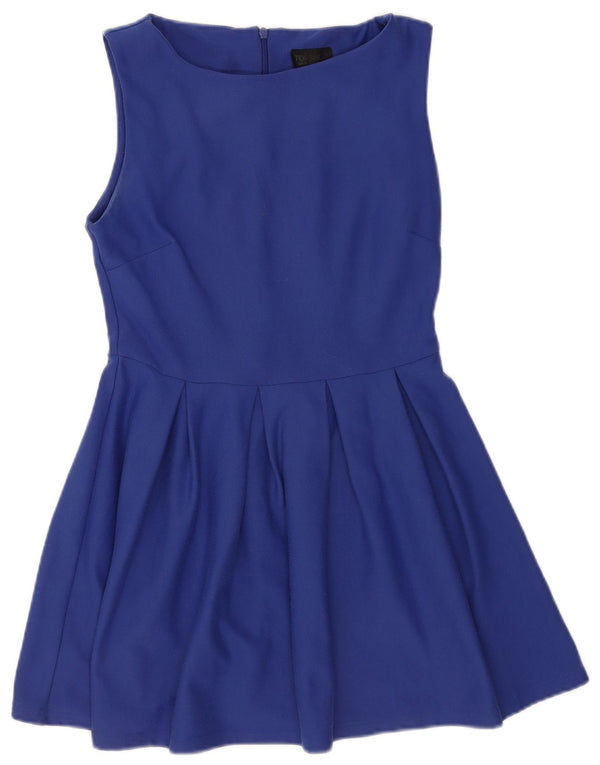 Topshop vestido feminino sem mangas evasê UK 10 pequeno azul poliéster