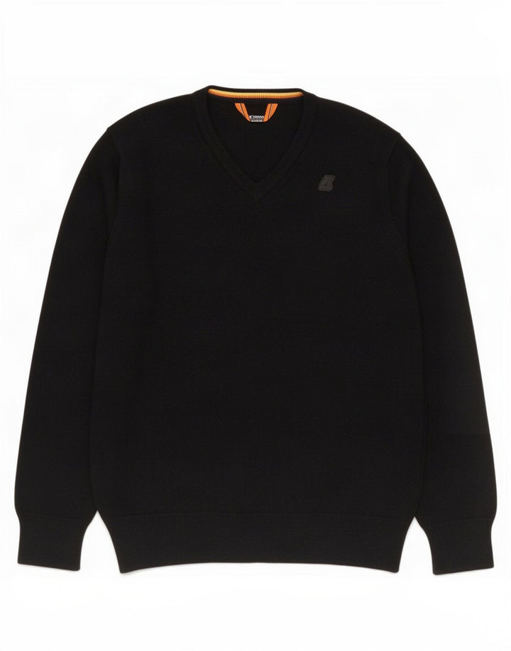 Suéter masculino K-Way com decote em V, lã merino preta média