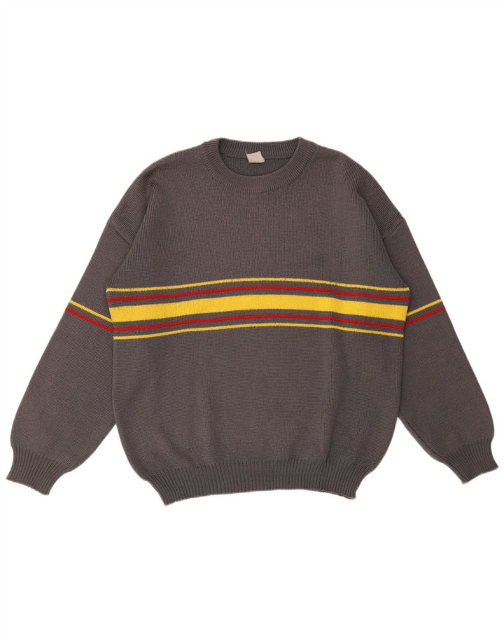 Suéter vintage masculino com gola redonda listrado cinza grande