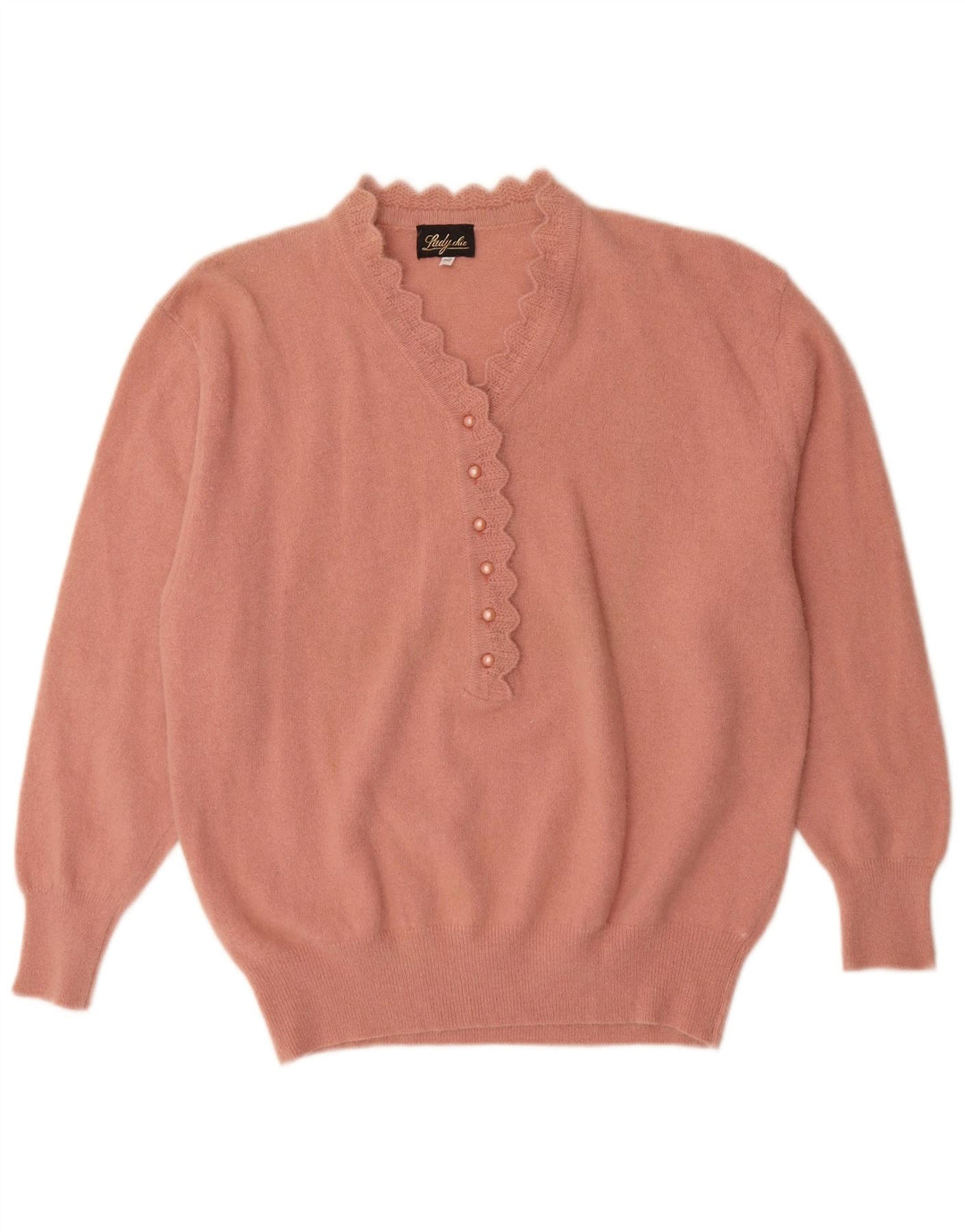Suéter feminino vintage com decote em botão IT 52 2XL rosa angorá
