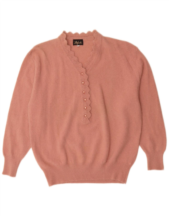 Suéter feminino vintage com decote em botão IT 52 2XL rosa angorá