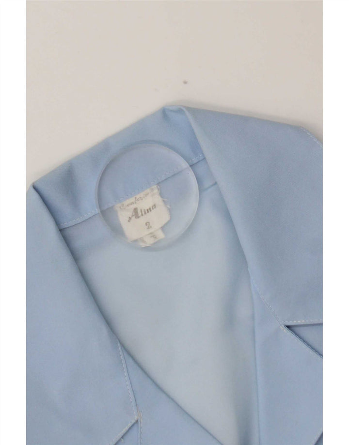 Blusa feminina vintage de manga curta UK 14 poliéster azul médio