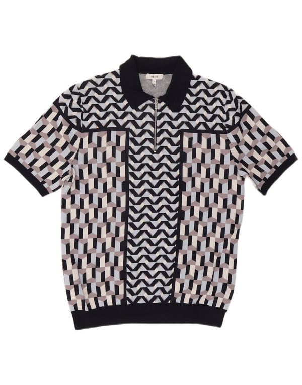 Suéter masculino Reiss de manga curta com gola polo, azul marinho médio geométrico