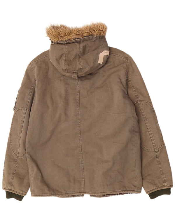Jaqueta Parka masculina Bomb Boogie com capuz Reino Unido 42 XL algodão cáqui
