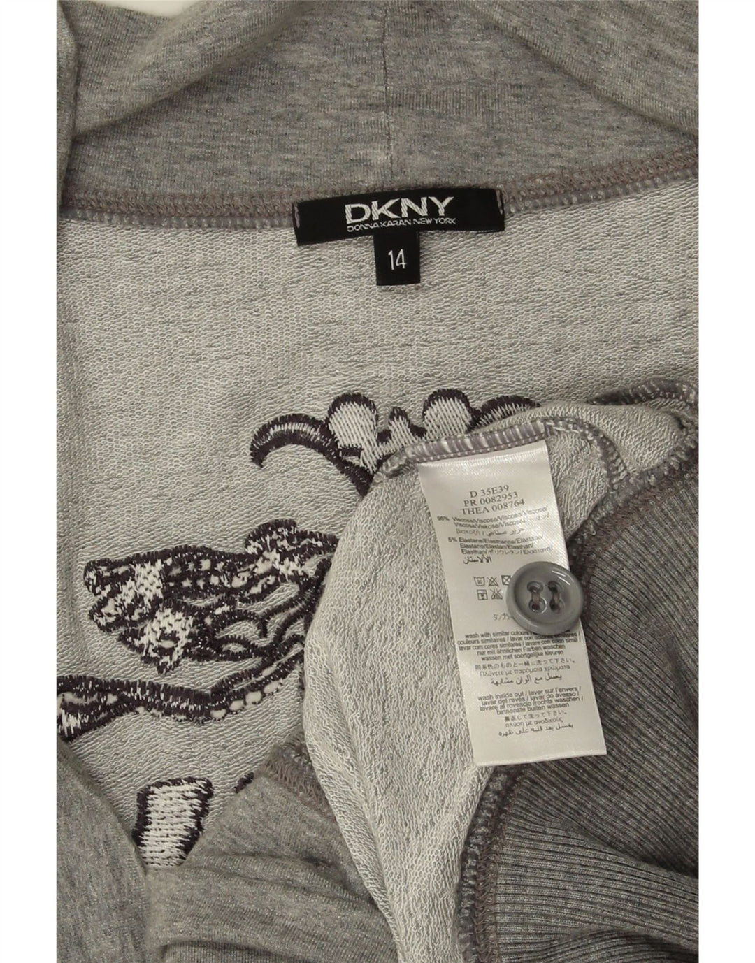 Suéter cardigã feminino DKNY gráfico Reino Unido 14 viscose manchada cinza médio