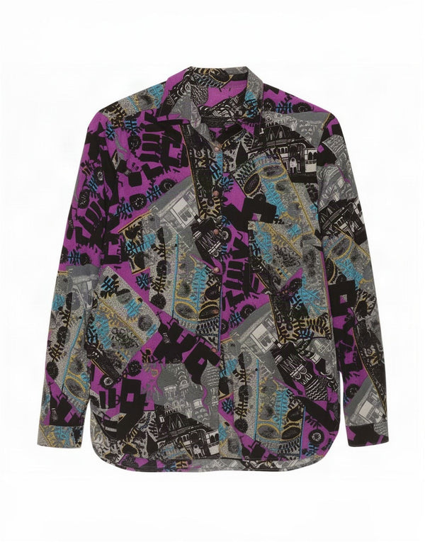 Camisa feminina vintage com padrão abstrato UK 14 média multicolorida