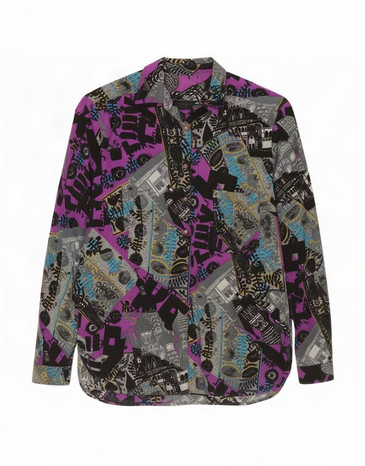Camisa feminina vintage com padrão abstrato UK 14 média multicolorida