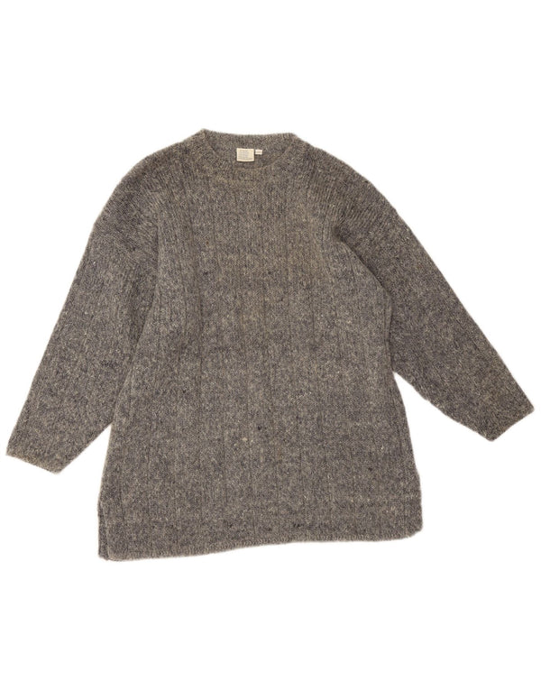 Suéter feminino vintage com gola redonda e palangre Reino Unido 16 seda cinza grande