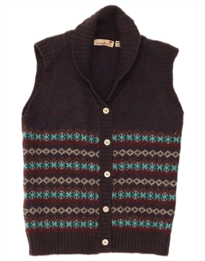Suéter cardigã feminino Stanley Blacker Reino Unido 10 pequeno azul marinho Fair Isle