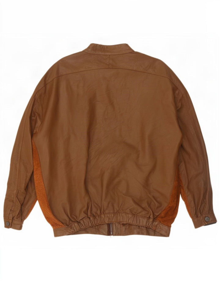 Jaqueta de couro bomber masculina vintage Reino Unido 38 bloco colorido marrom médio