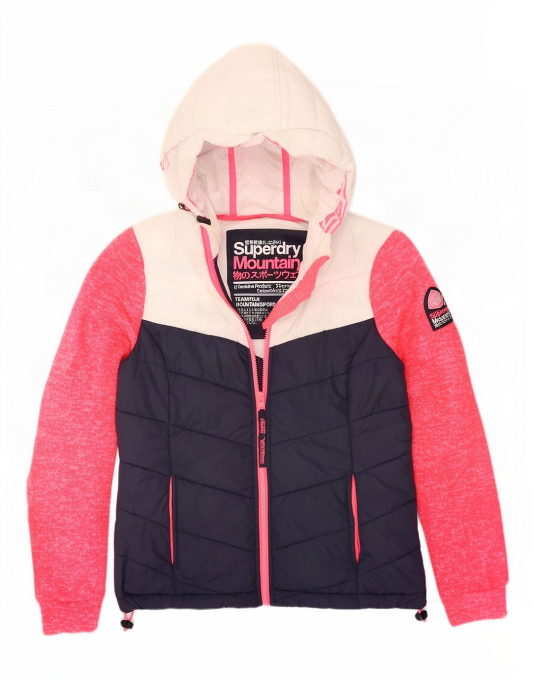Jaqueta acolchoada com capuz feminina Superdry UK 12 médio azul marinho colorblock