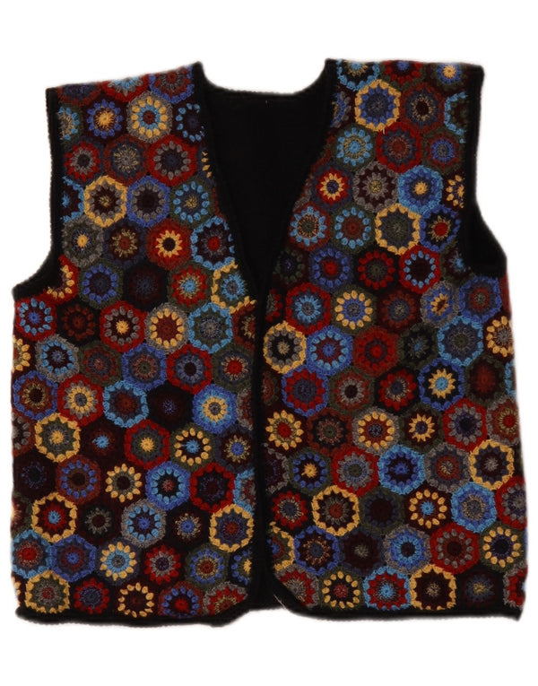 Colete feminino vintage de crochê UK 16 grande floral multicolorido
