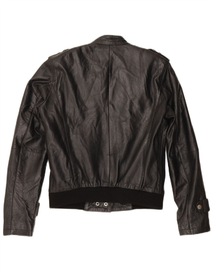 Jaqueta de couro militar vintage feminina Reino Unido 12 couro preto médio