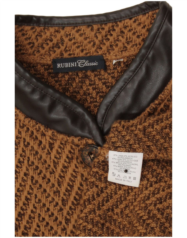 Suéter cardigã feminino vintage Reino Unido 14 lã chevron marrom médio