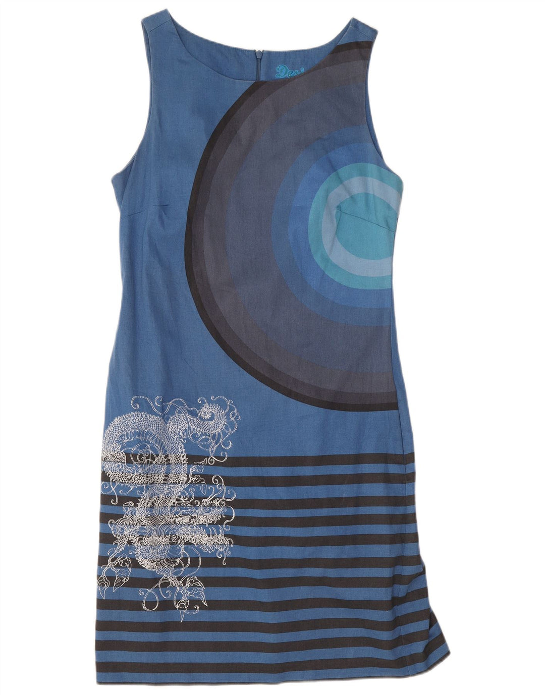 Desigual Vestido feminino estampado sem mangas com bainha UE 38 listrado azul médio