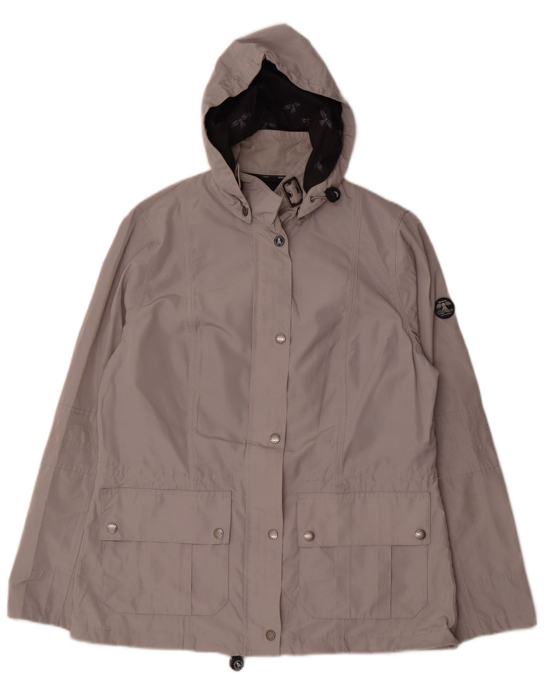 Jaqueta de chuva feminina com capuz Barbour UK 14 poliéster cinza grande