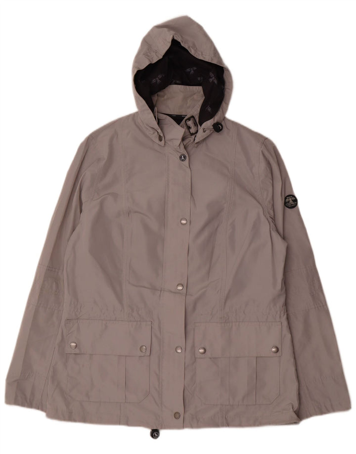 Jaqueta de chuva feminina com capuz Barbour UK 14 poliéster cinza grande