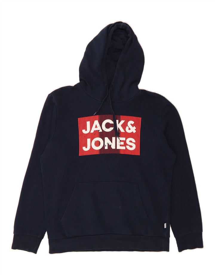 JACK & JONES Mens Graphic Hoodie Jumper Large Navy Blue Cotton Vintage Jack & Jones and Second-Hand Jack & Jones from Messina Hembry 