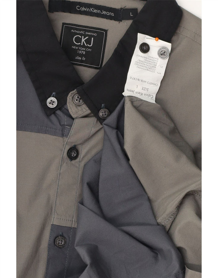 CALVIN KLEIN JEANS Camisa masculina slim fit grande cinza colorblock algodão