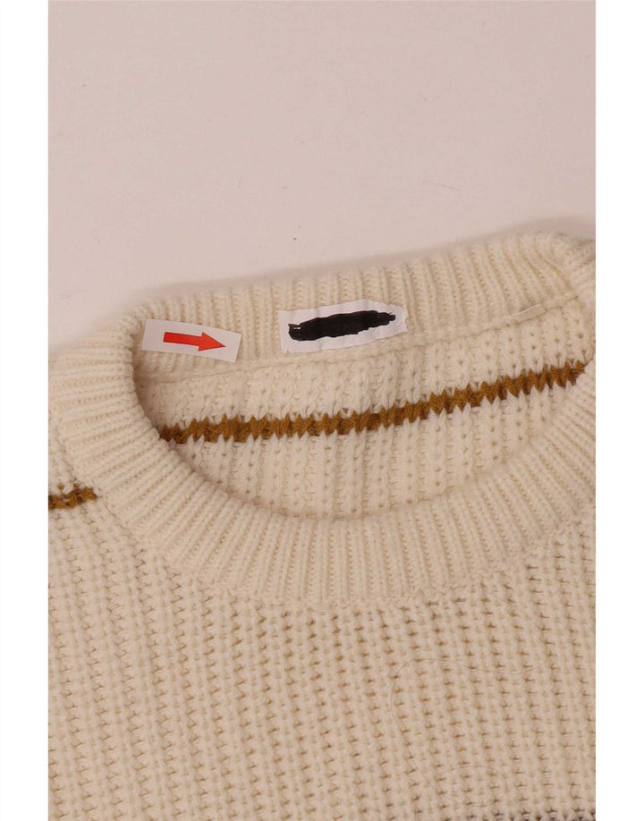 Suéter vintage masculino com gola redonda, meio acrílico listrado branco